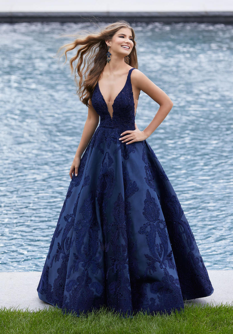 Royal Blue Satin Sexy V-neck Slit Long Train Evening Gown - Lunss